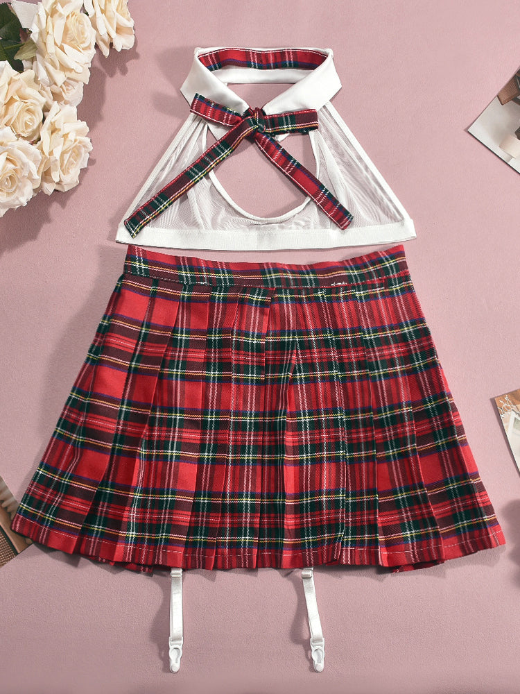 Hot Sexy Plaid Pleated Skirt Sexy Lingerie Multi-Piece Set