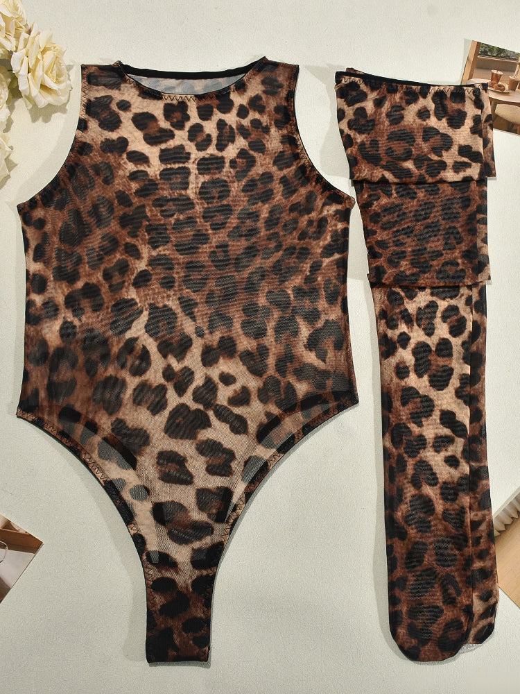 Mesh Leopard Print Sexy Bodysuit &Stockings Set