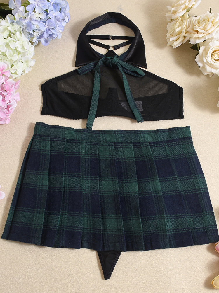 Hot Sexy Plaid Pleated Skirt Sexy Lingerie Multi-Piece Set