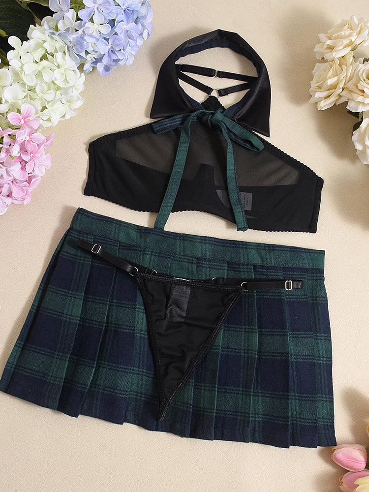 Hot Sexy Plaid Pleated Skirt Sexy Lingerie Multi-Piece Set