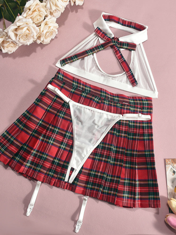 Hot Sexy Plaid Pleated Skirt Sexy Lingerie Multi-Piece Set