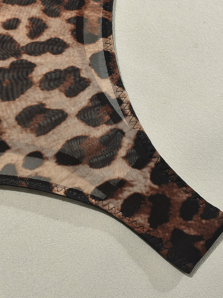 Mesh Leopard Print Sexy Bodysuit &Stockings Set