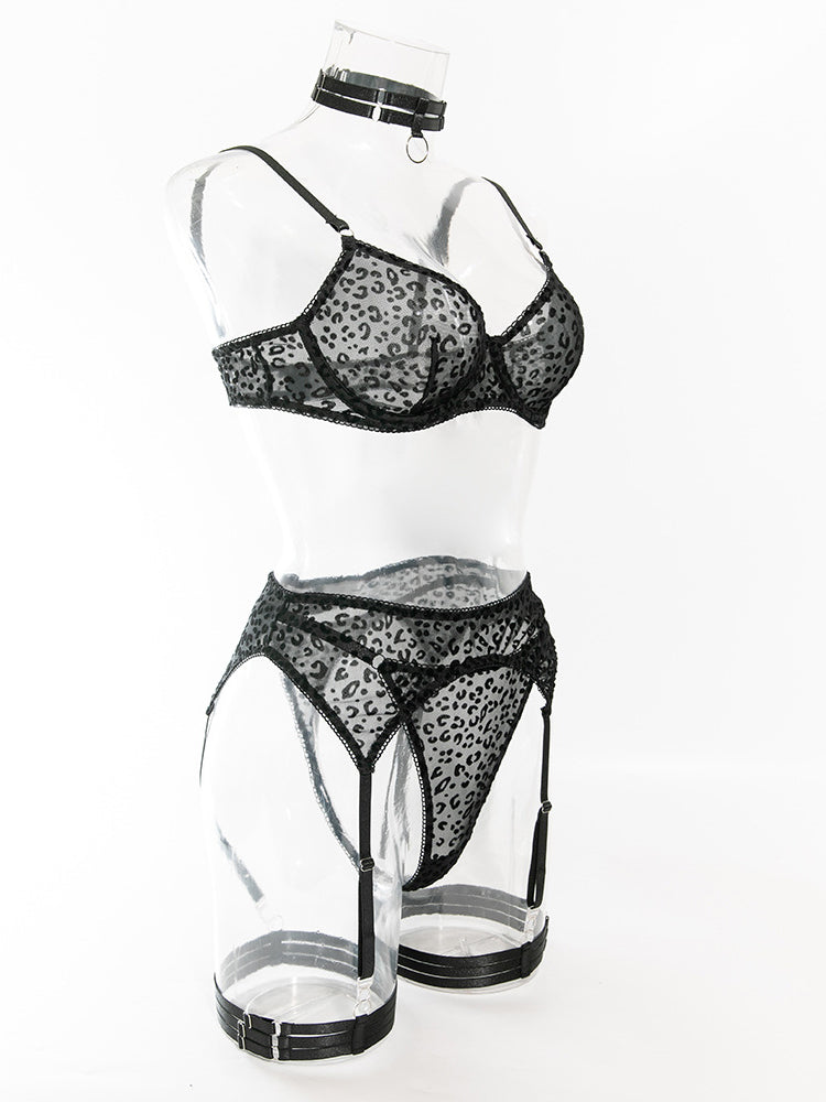 Leopard print mesh sexy lingerie set