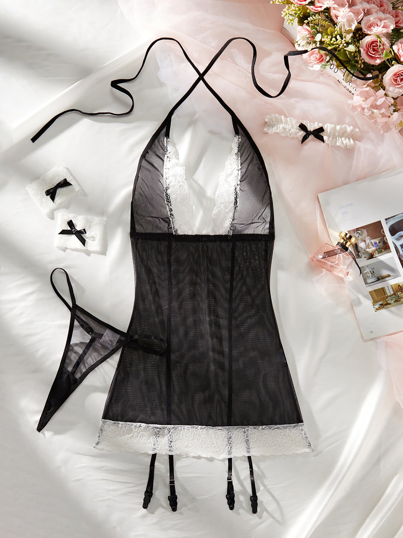 Hot sale maid pajamas lace splicing mesh see-through sexy lingerie four-piece set