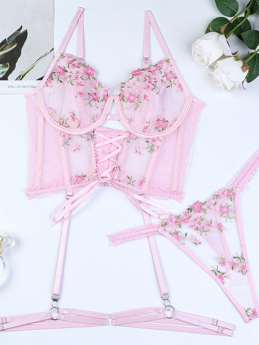 Sexy embroidered strappy three-piece underwear set