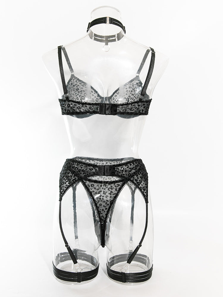 Leopard print mesh sexy lingerie set