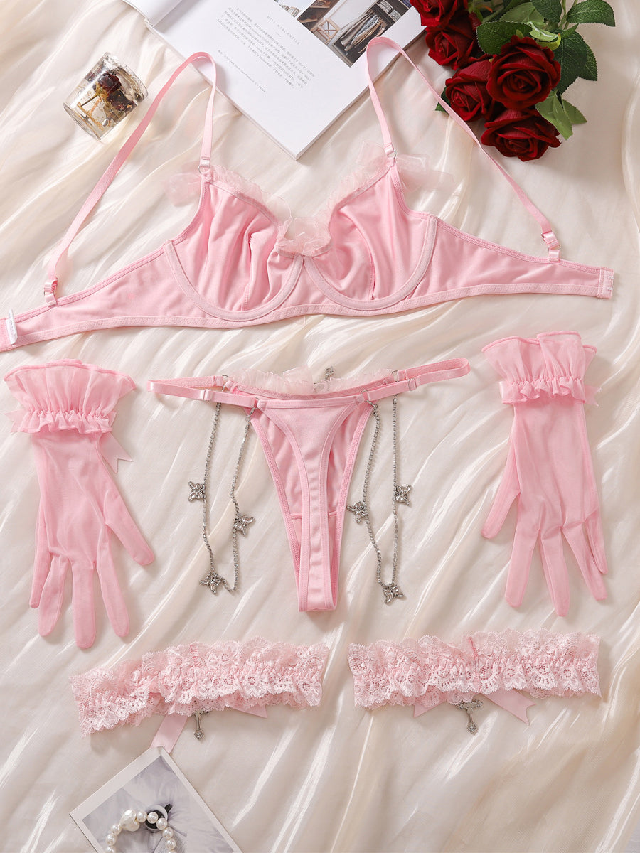 Sexy Pink Lace Bow Four-Piece Set