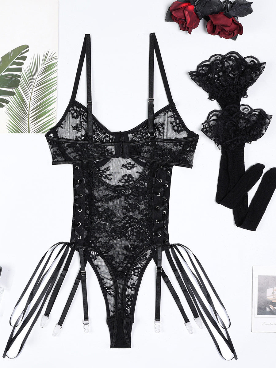 Mesh Lace Up Bodysuit +silk stocking set