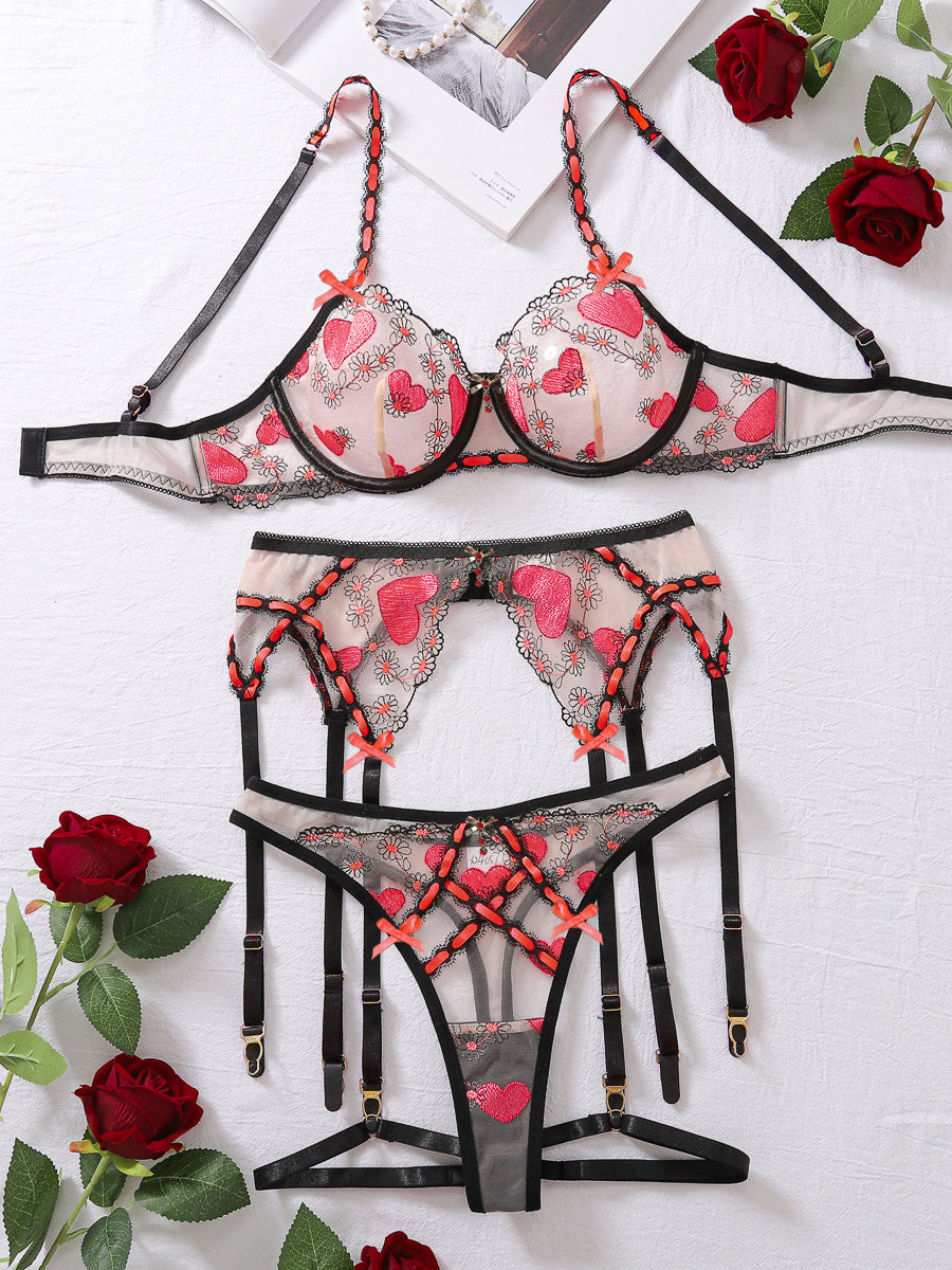 Sexy embroidered mesh heart underwear four-piece set