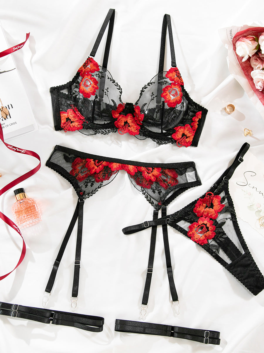 Sexy lingerie garter belt flower embroidery four piece lingerie set