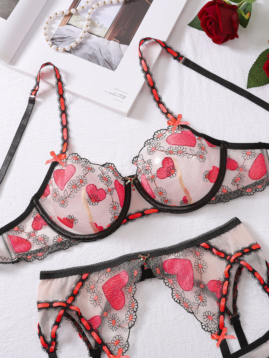 Sexy embroidered mesh heart underwear four-piece set