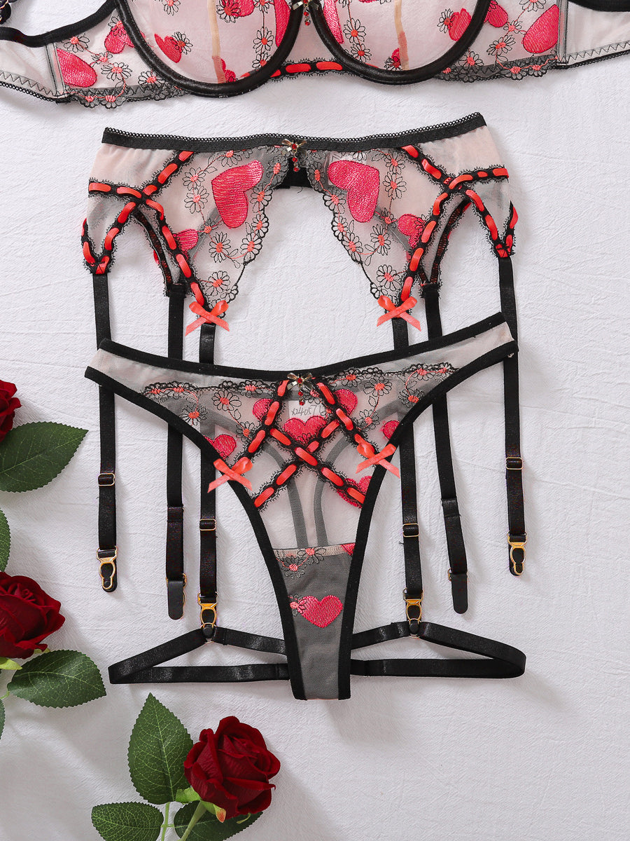 Sexy embroidered mesh heart underwear four-piece set