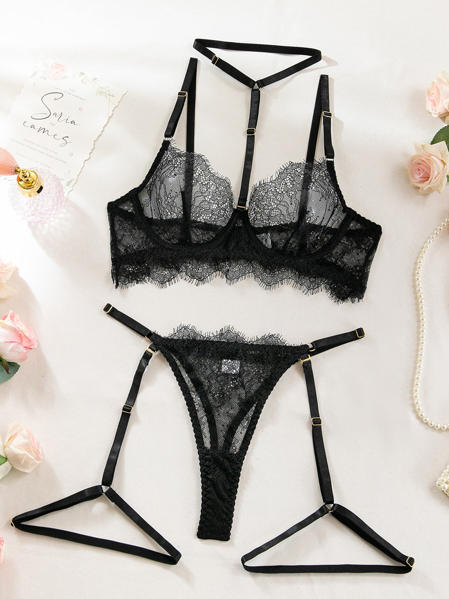 Sexy hollow lace leg ring underwear four-piece set