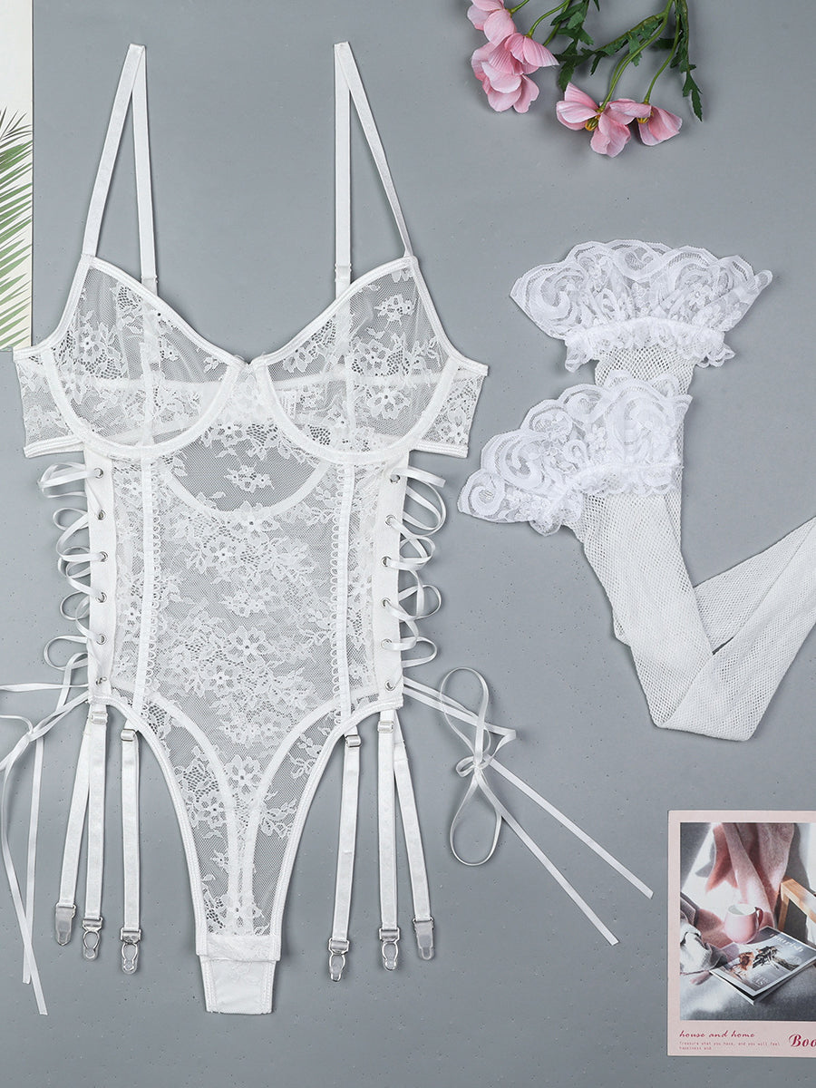 Mesh Lace Up Bodysuit +silk stocking set