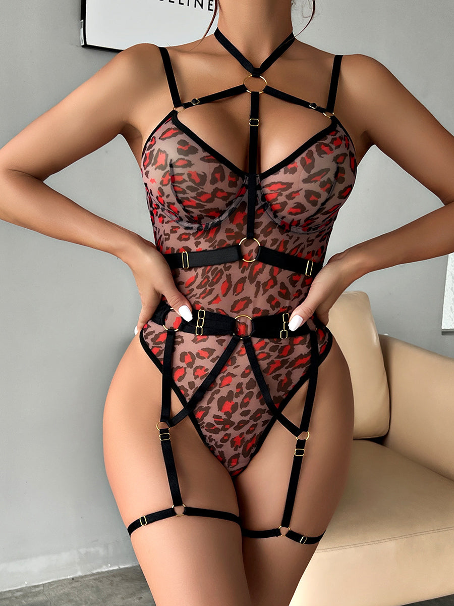 New Leopard Print See-through Mesh Bandage Sexy Lingerie Bodysuit