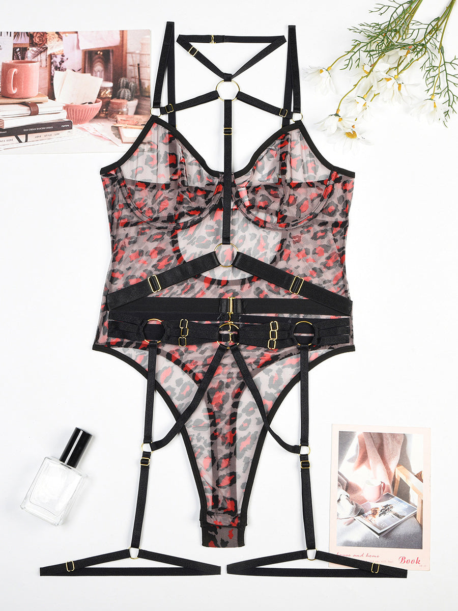 New Leopard Print See-through Mesh Bandage Sexy Lingerie Bodysuit