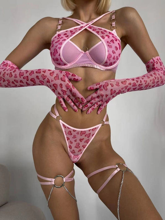 Pink Leopard sexy metal chain Bra Set