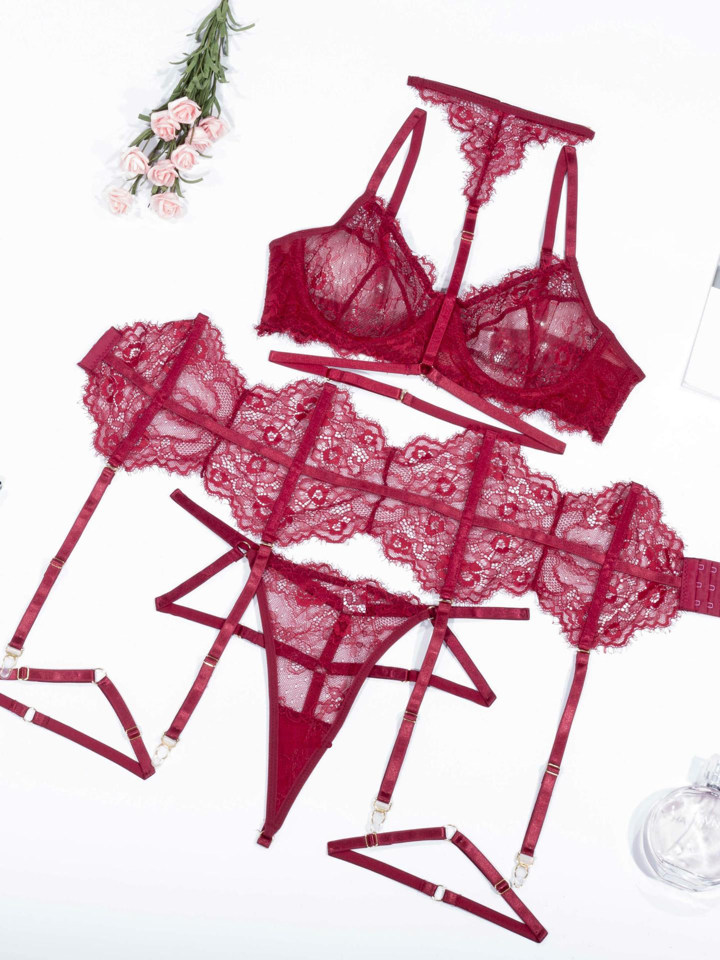 Sexy lace lingerie garter five piece set