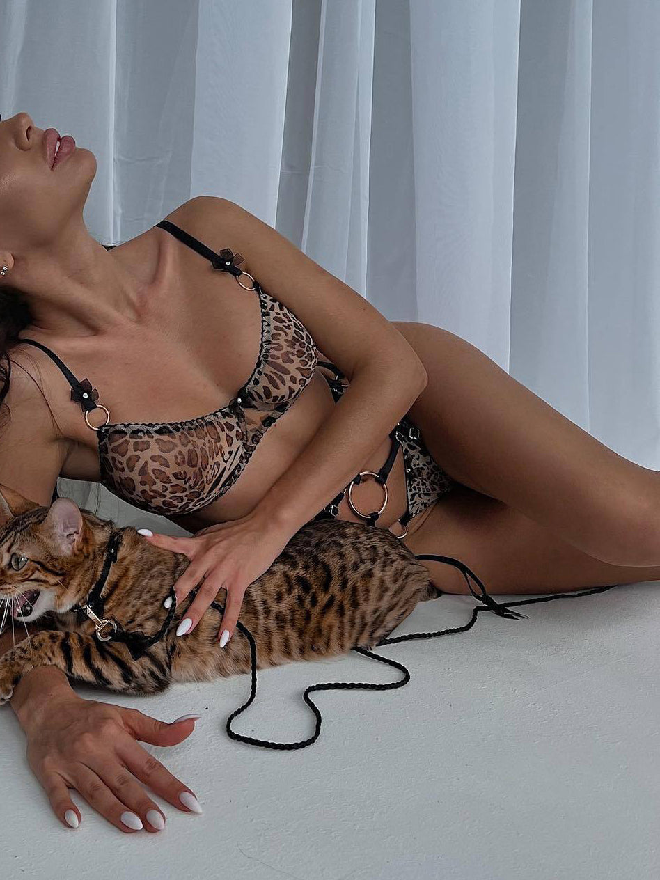 Leopard print see-through sexy wild 5-piece suit