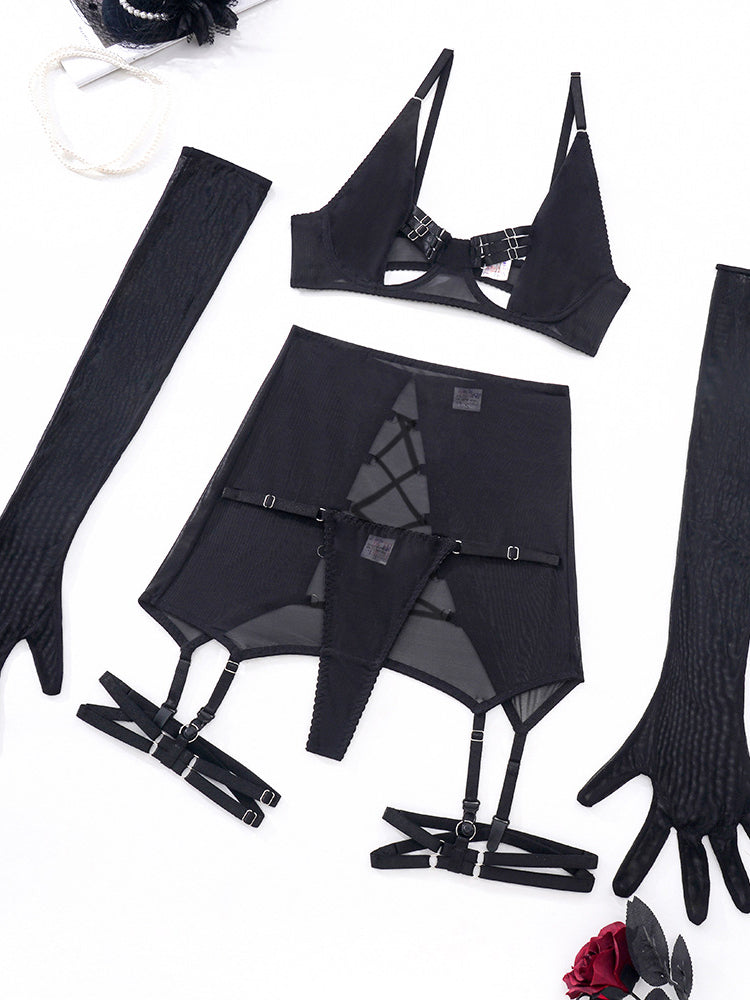 Sexy strappy see-through mesh underwear five-piece set